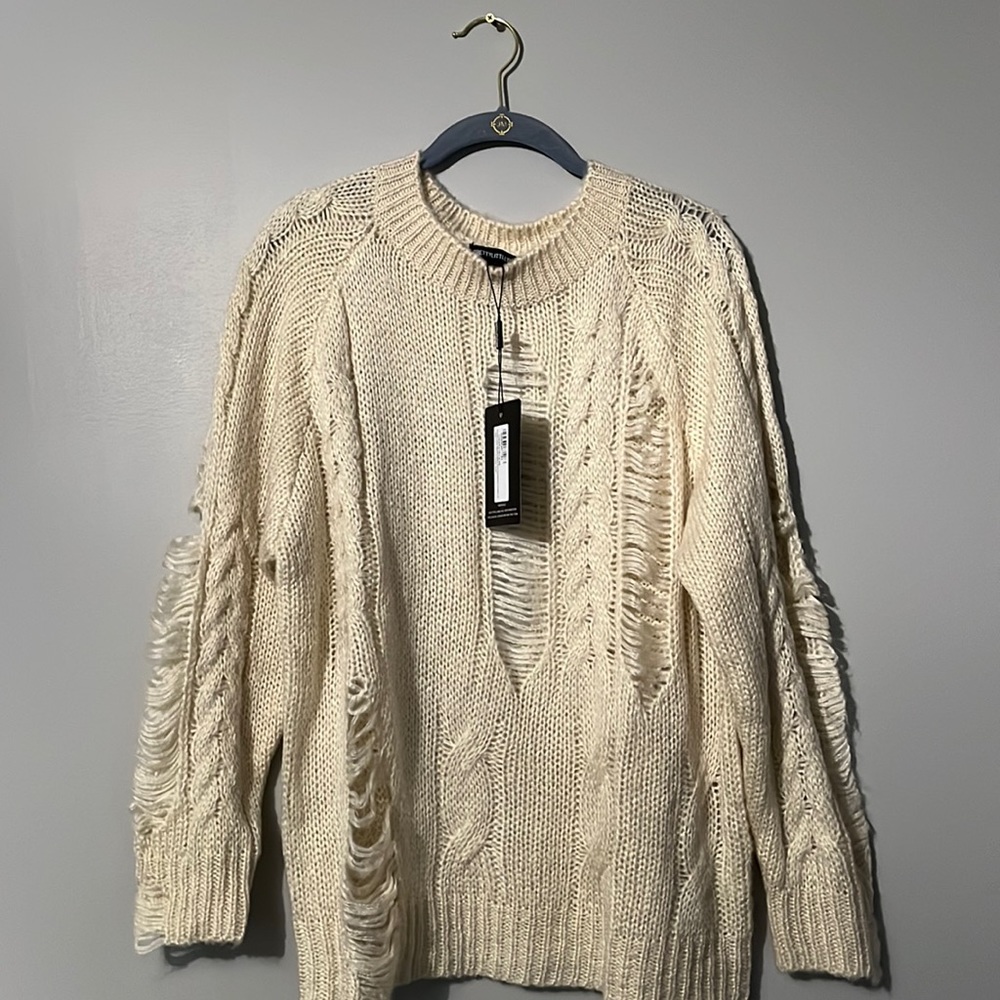 Cream Distressed Cable Knit Oversized Jumper